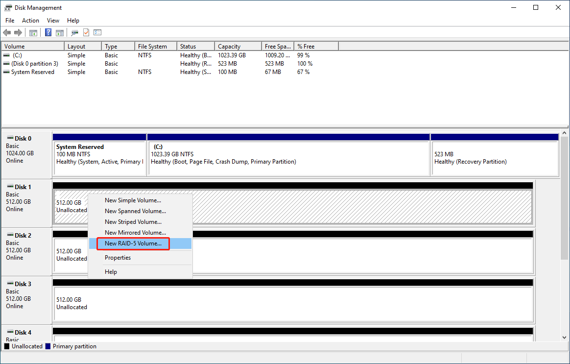 select New RAID-5 Volume in Disk Management