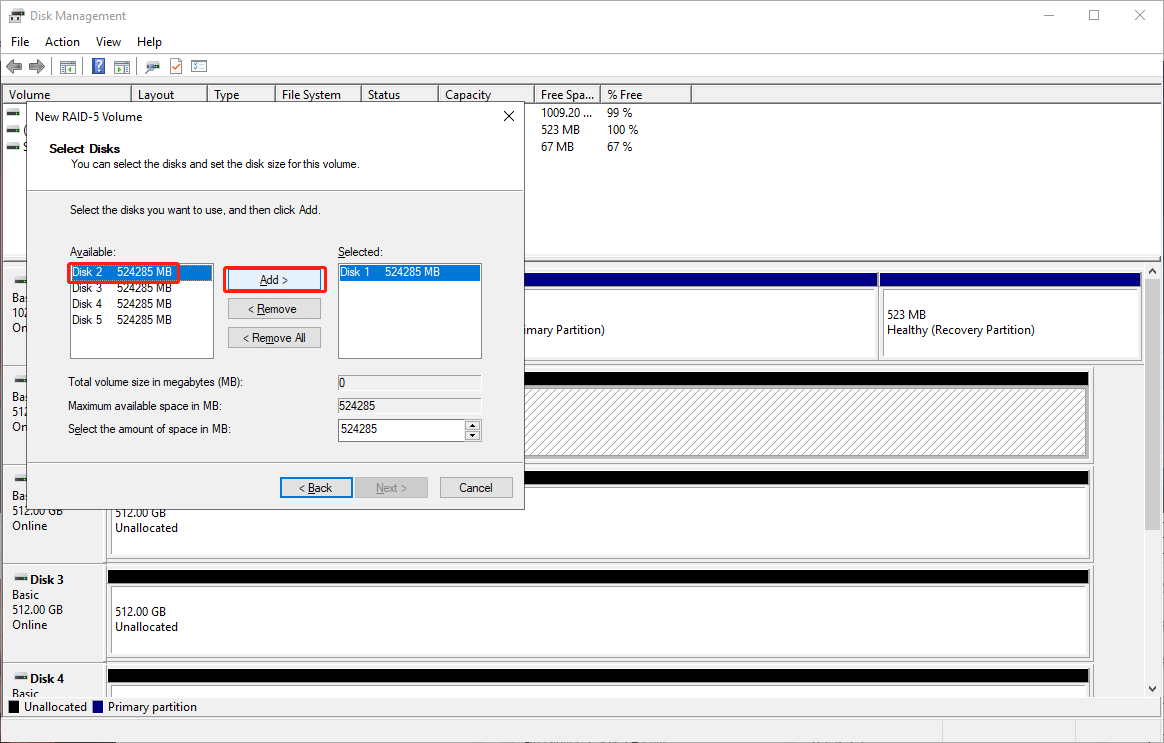 add another two disks to the selected disks list