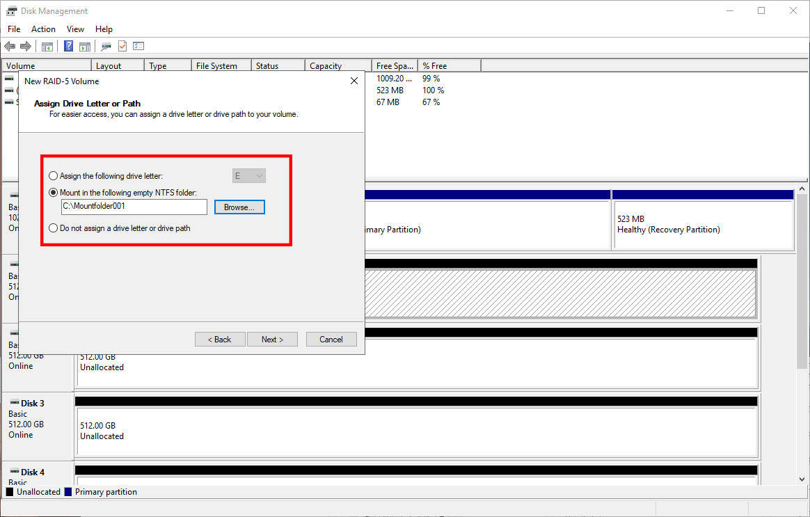 choose a drive letter for the new volume or mount it in an empty folder