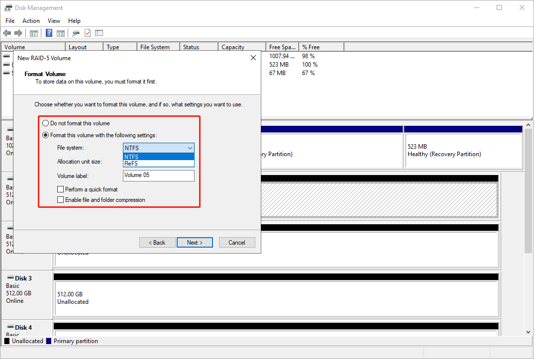 format the new RAID-5 volume in Disk Management