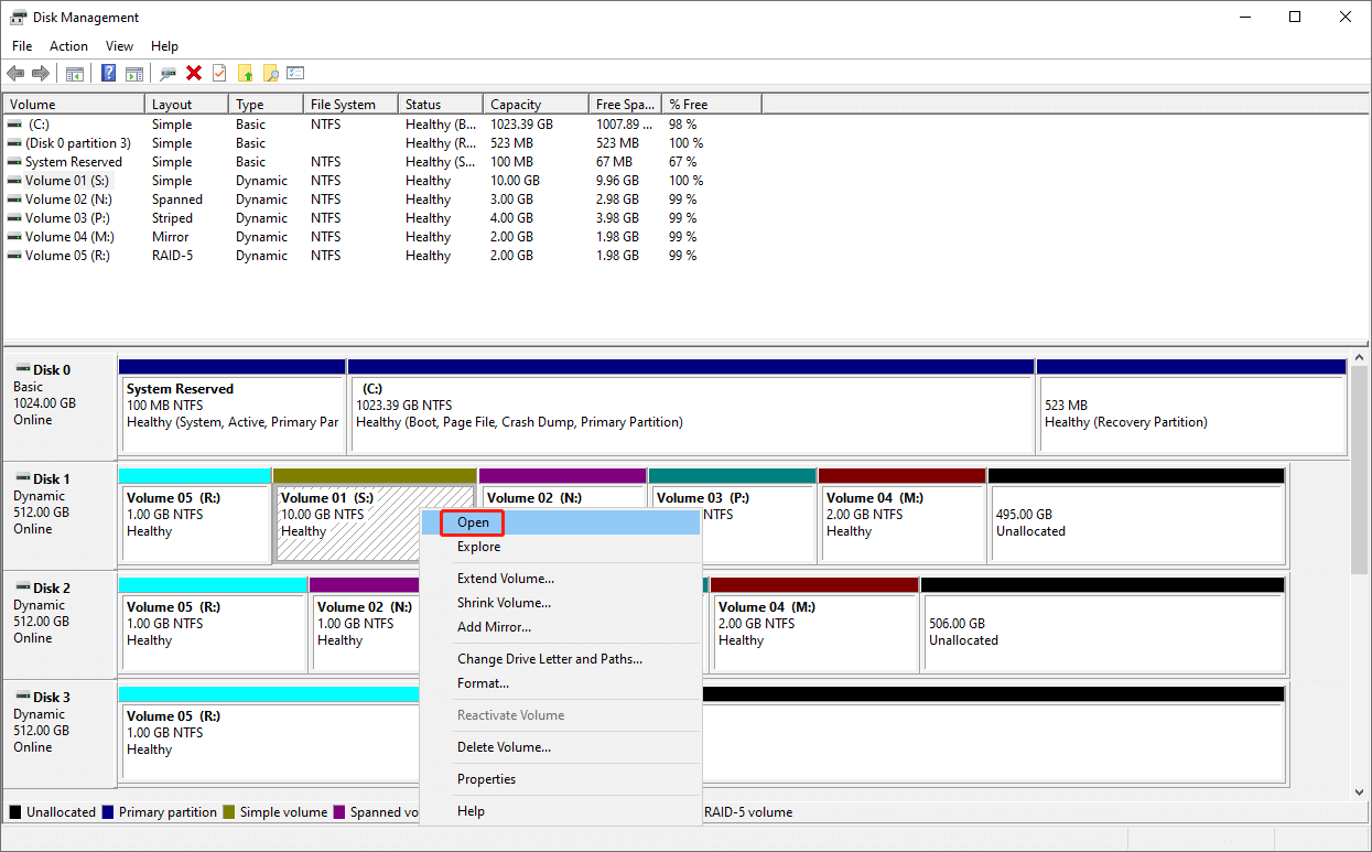 select Open from the right-click menu in Disk Management to open the Volume in File Explorer