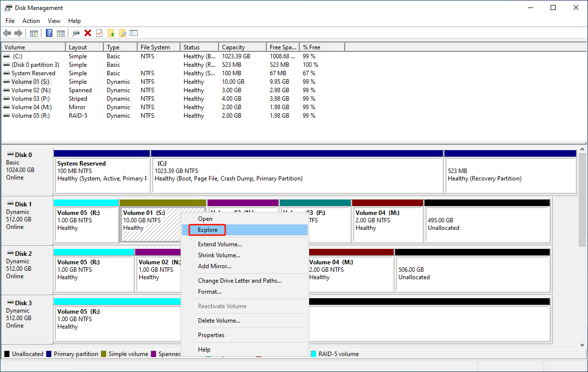 select Explore from the right-click menu in Disk Management to locate the Volume in File Explorer