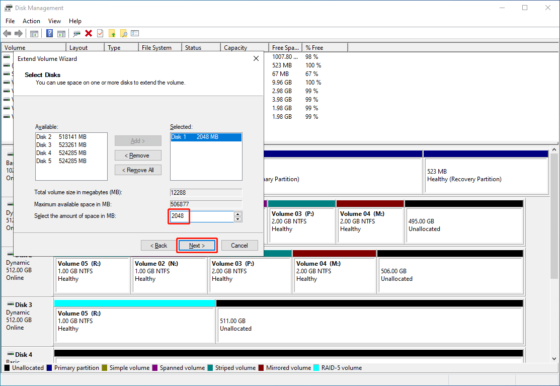 enter the size you want to extend for the simple volume into the Select the amount of space in MB box in Disk Management