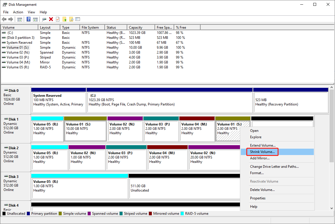 select Shrink Volume from the right-click context menu in Disk Management