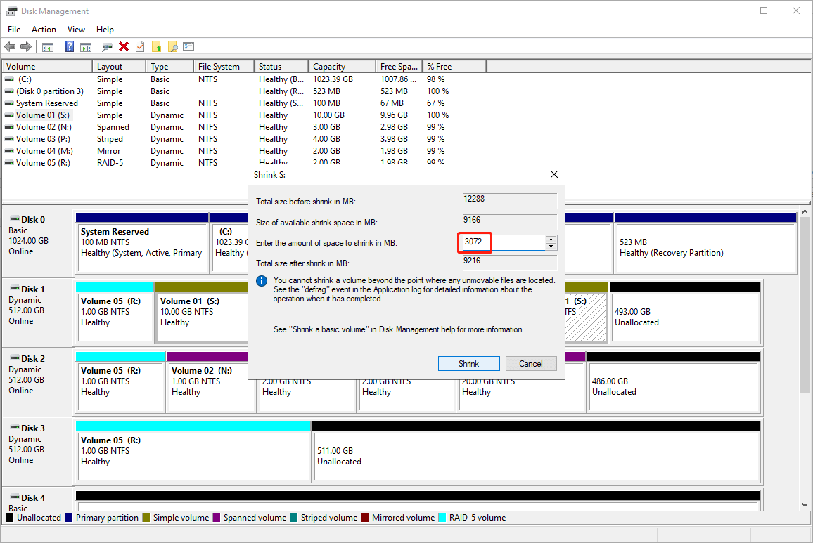 enter the size to shrink in MB in Disk Management and click Shrink