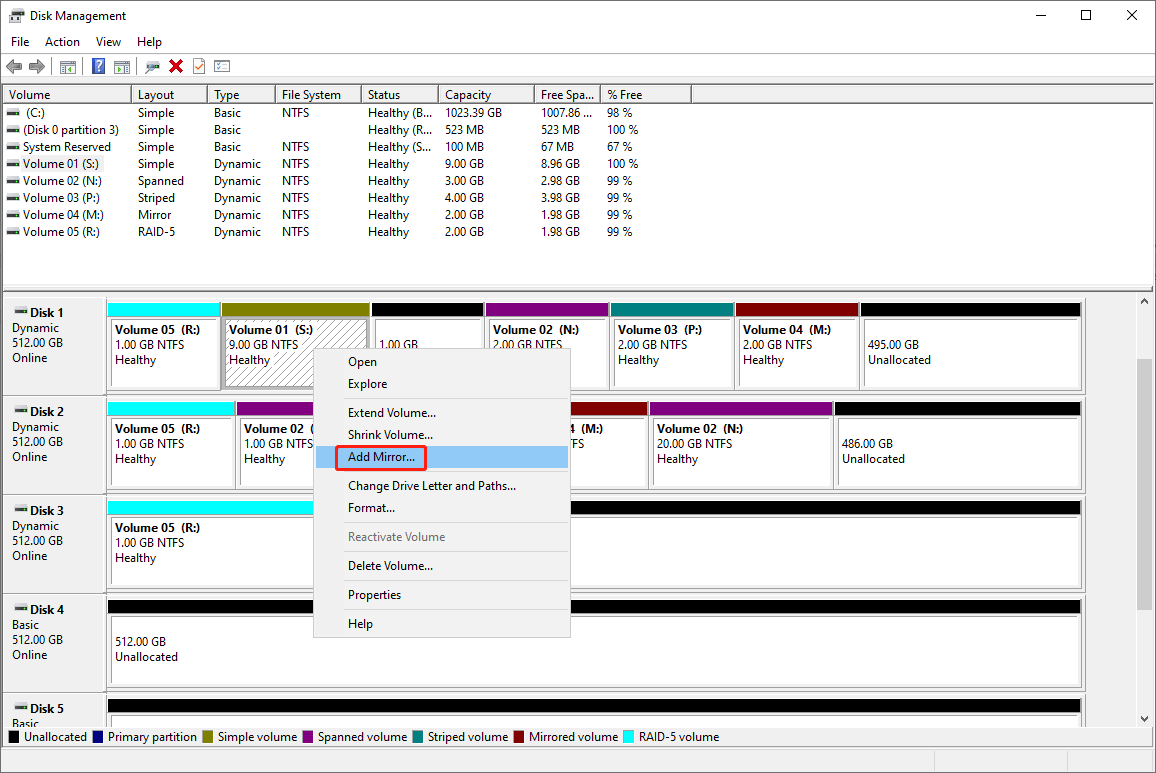 select Add Mirror from the right-click context menu in Disk Management