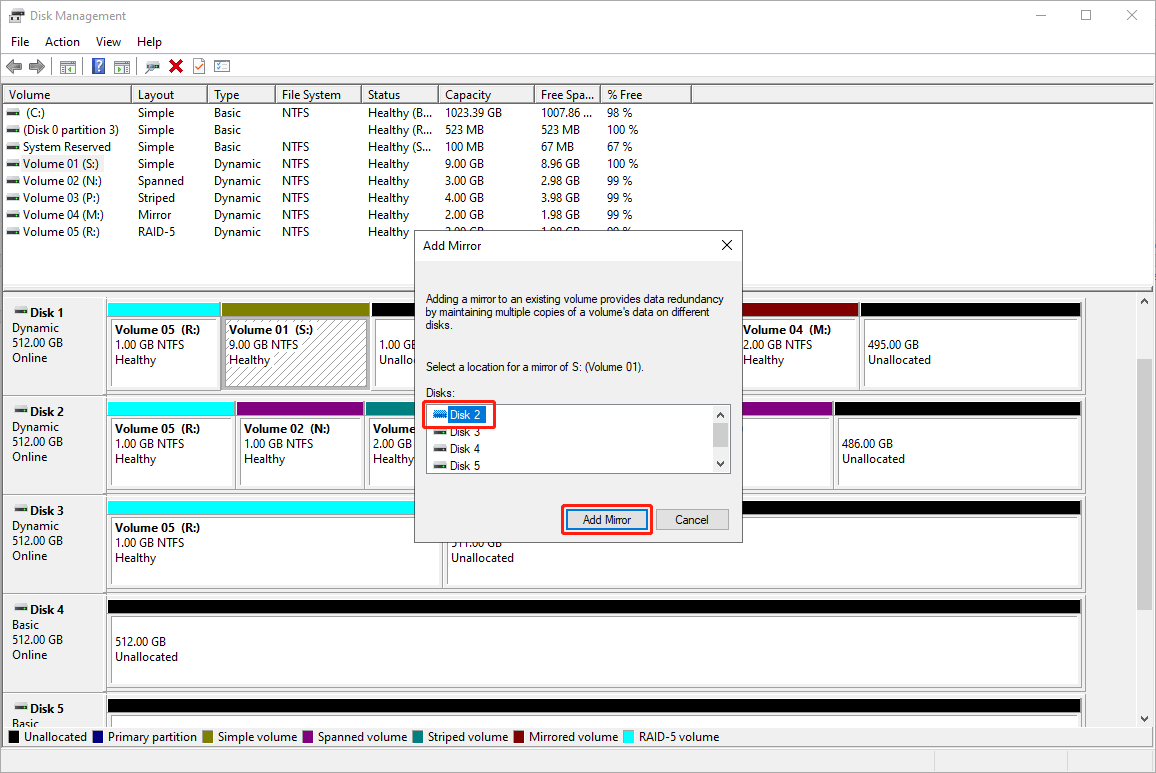 select a location for Volume 01 and click Add Mirror in Disk Management