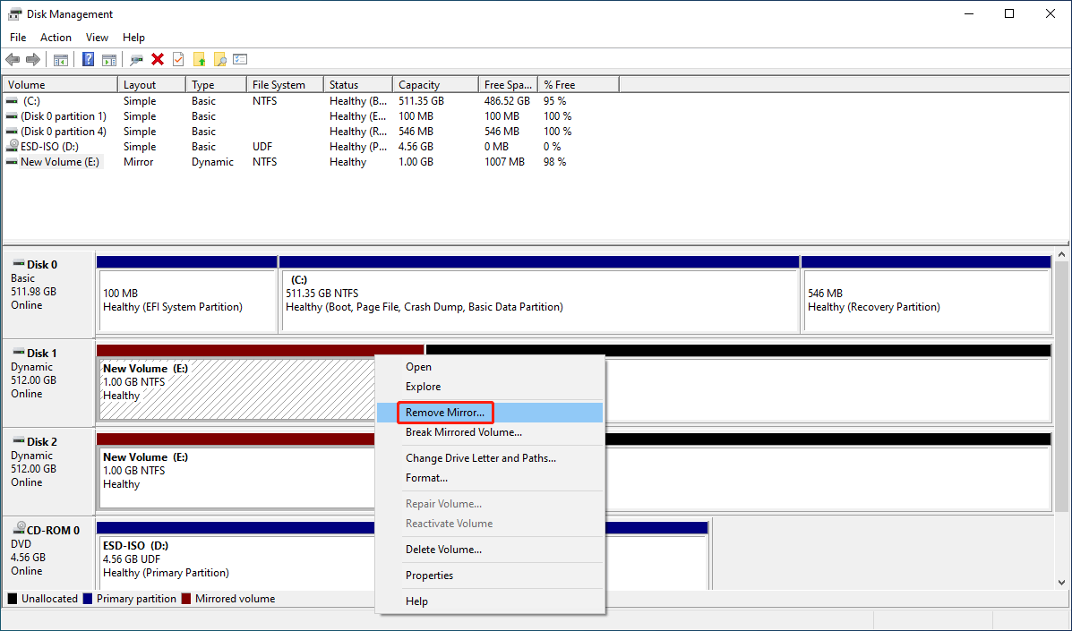 choose Remove Mirror from the right-click context menu in Disk Management