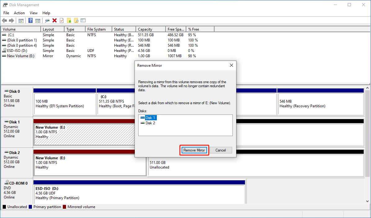 select the disk from which to remove a mirror and click the Remove Mirror button