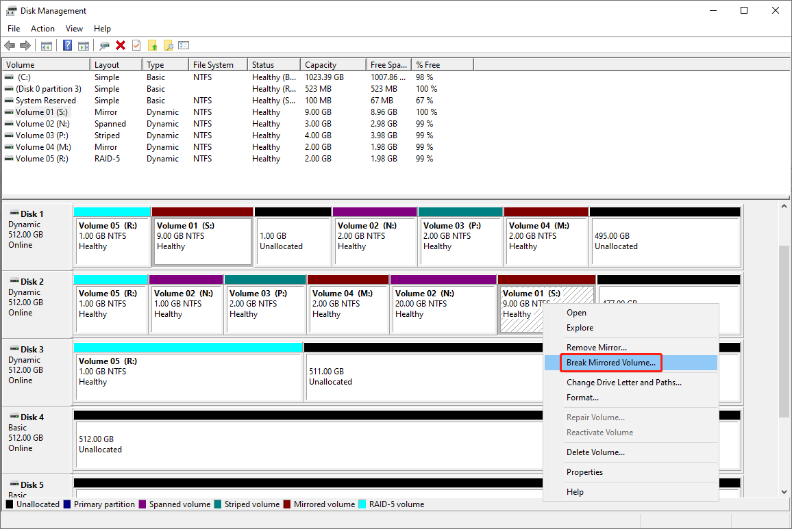 right-click the mirrored volume in one disk and select Break Mirrored Volume in Disk Management