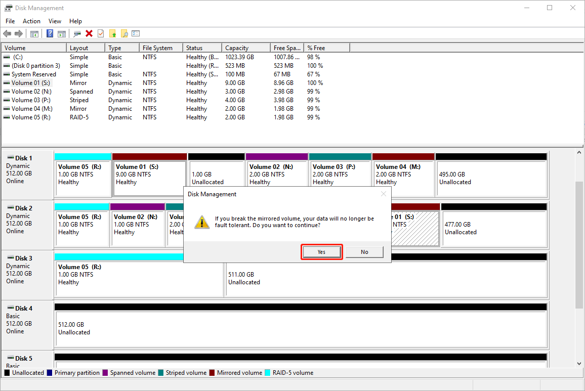 click the Yes button to start breaking the mirrored volume in Disk Management