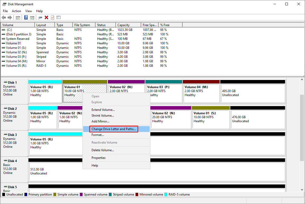 select Change Drive Letter and Paths from the right-click context menu in Disk Management