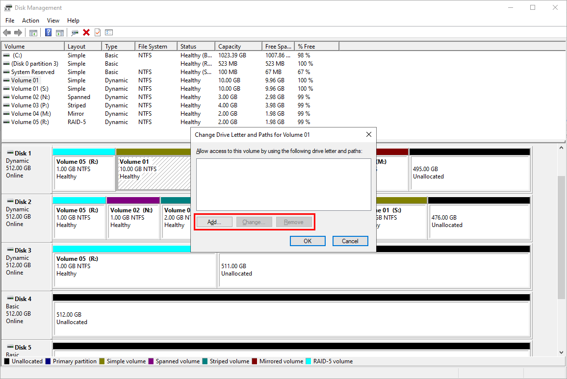 you will see add, change and remove options in Disk Management