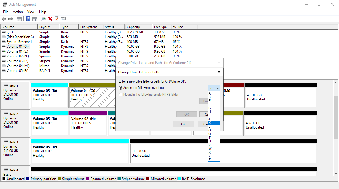 switch to another drive letter on the Change Drive Letter and Paths windows in Disk Management