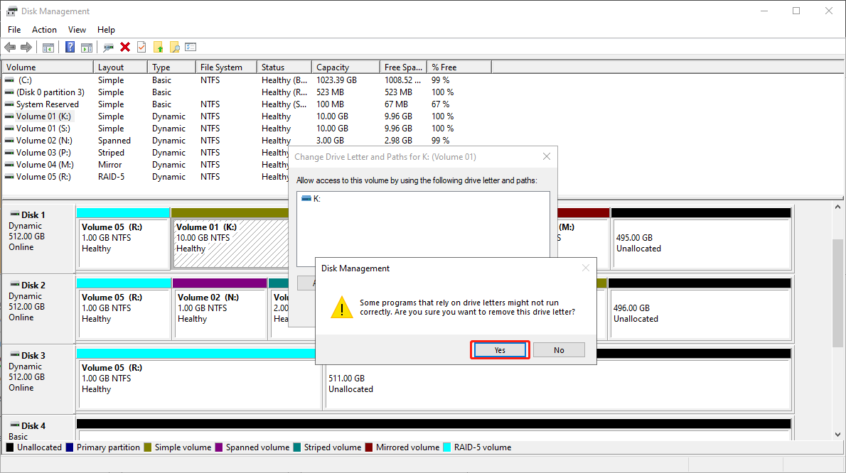 click the Yes button to confirm the removing drive letter operation in Disk Management