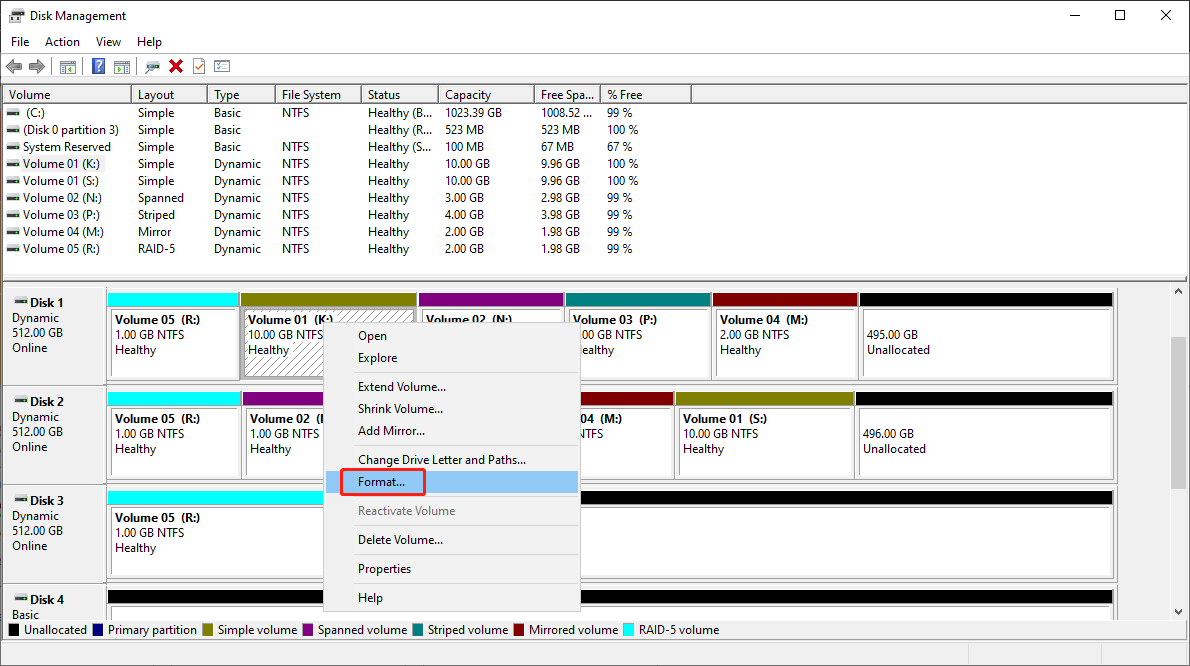 select Format from the right-click context menu in Disk Management