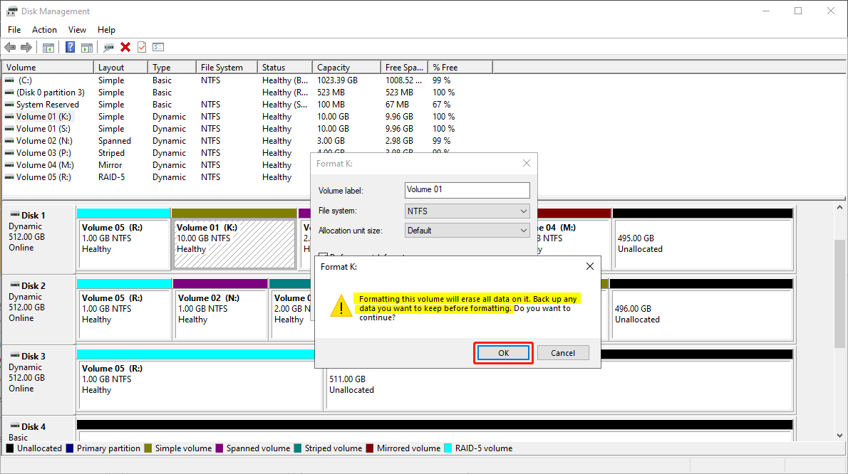 warning of the risk of formatting a volume in Disk Management