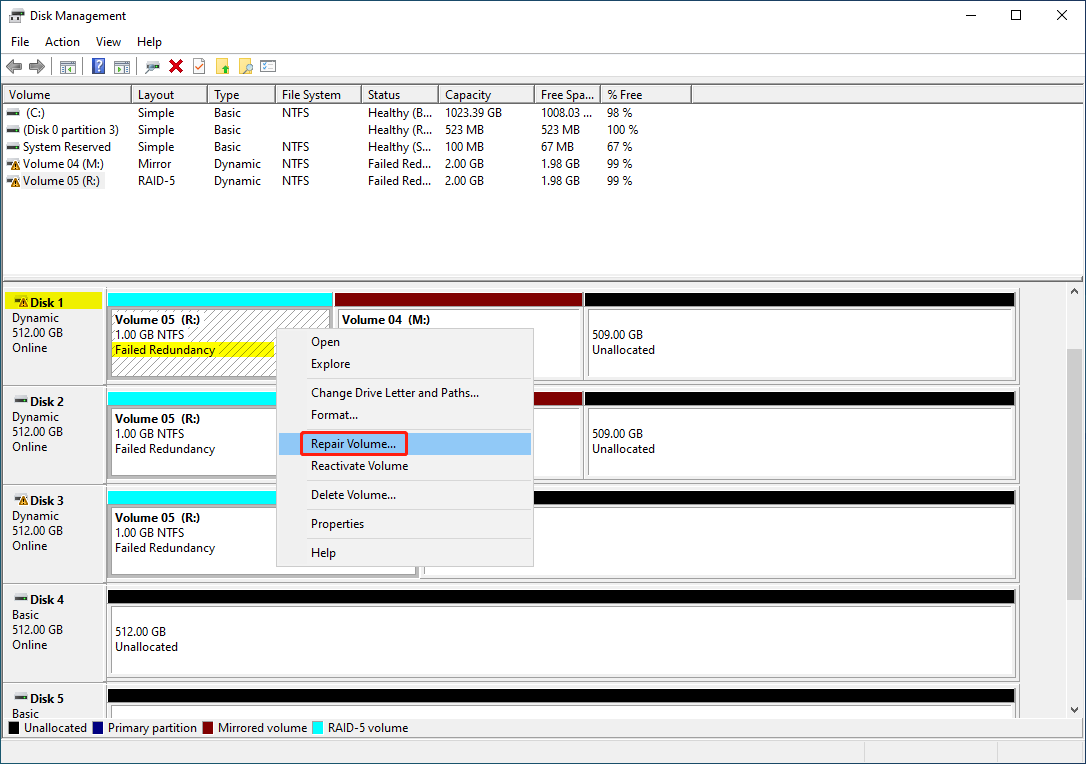 select Repair Volume from the context menu in Disk Management