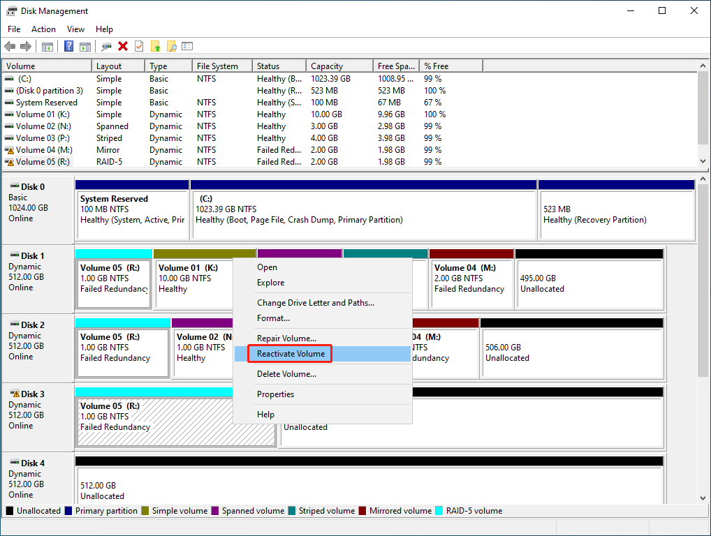 select Reactivate Volume from the context menu in Disk Management