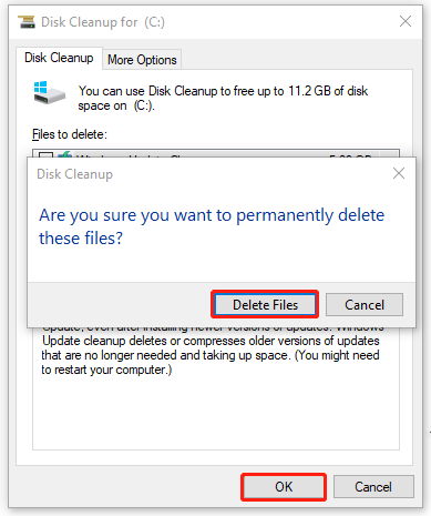 click Delete Files to free up disk space