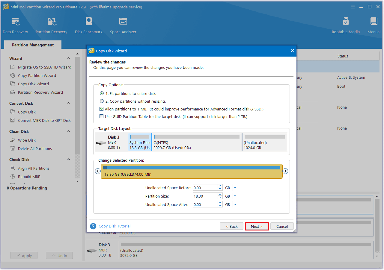 choose a target disk to copy in MiniTool Partition Wizard