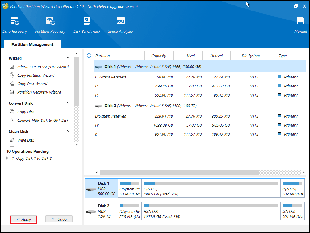 click Apply button to finish the clone progress in MiniTool Partition Wizard