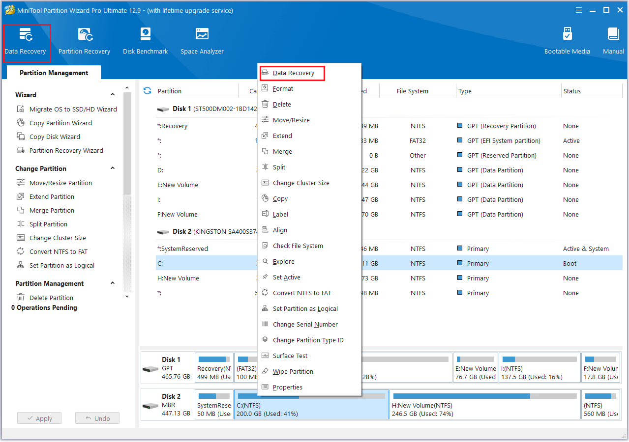 click Data Recovery in MiniTool Partition Wizard