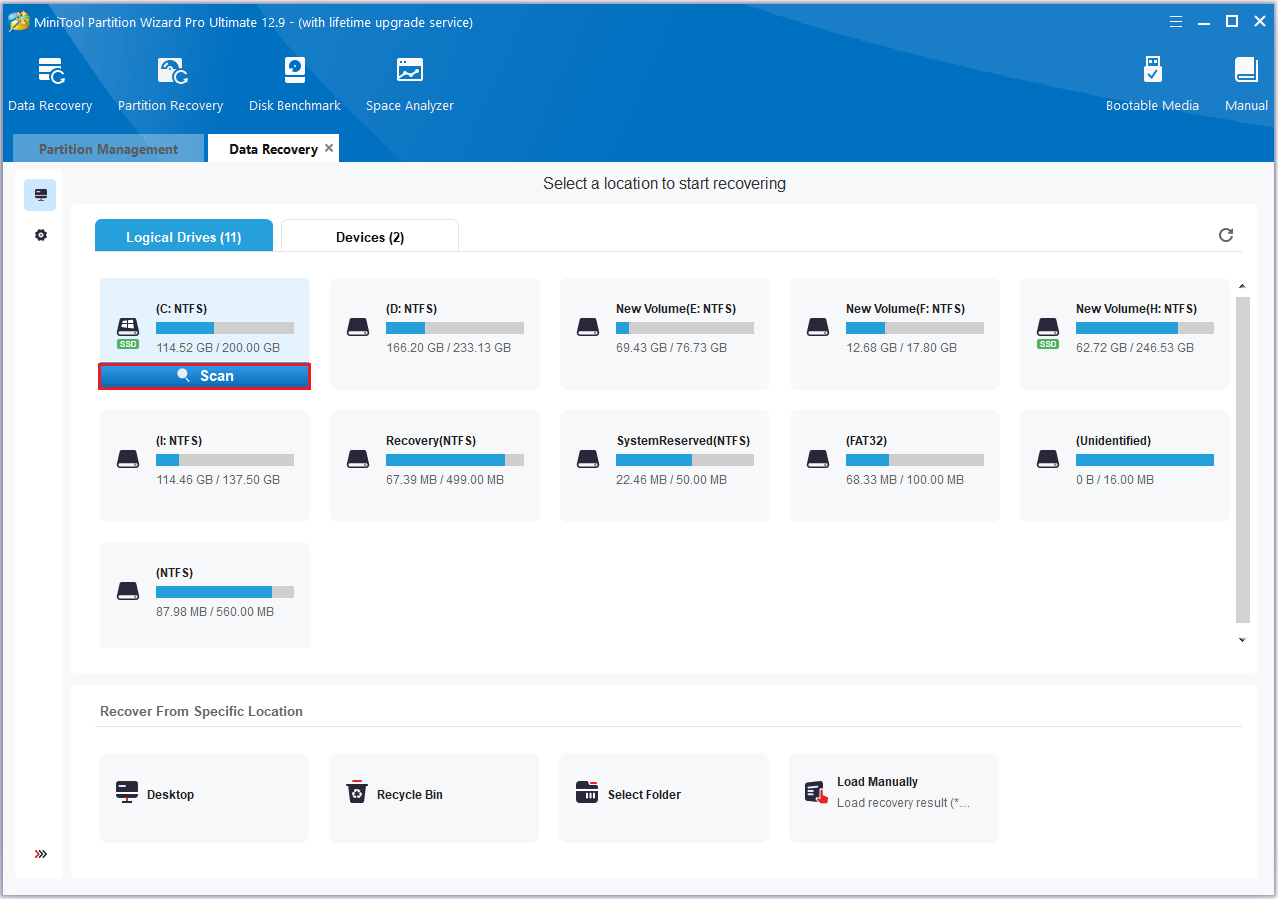 click Scan in MiniTool Partition Wizard