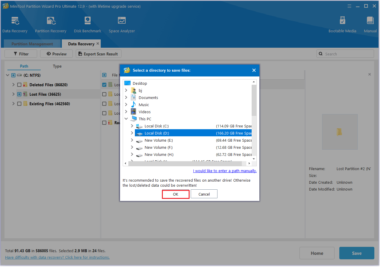 click OK in MiniTool Partition Wizard