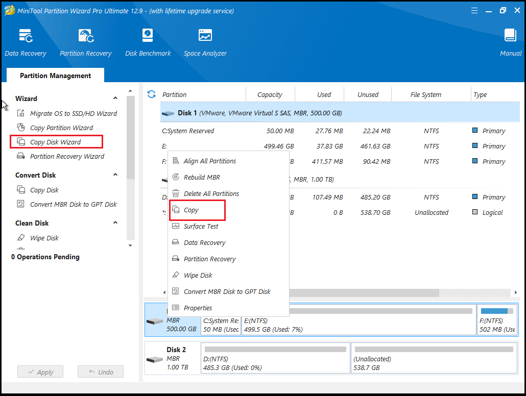 click Copy feature to clone a disk in MiniTool Partition Wizard