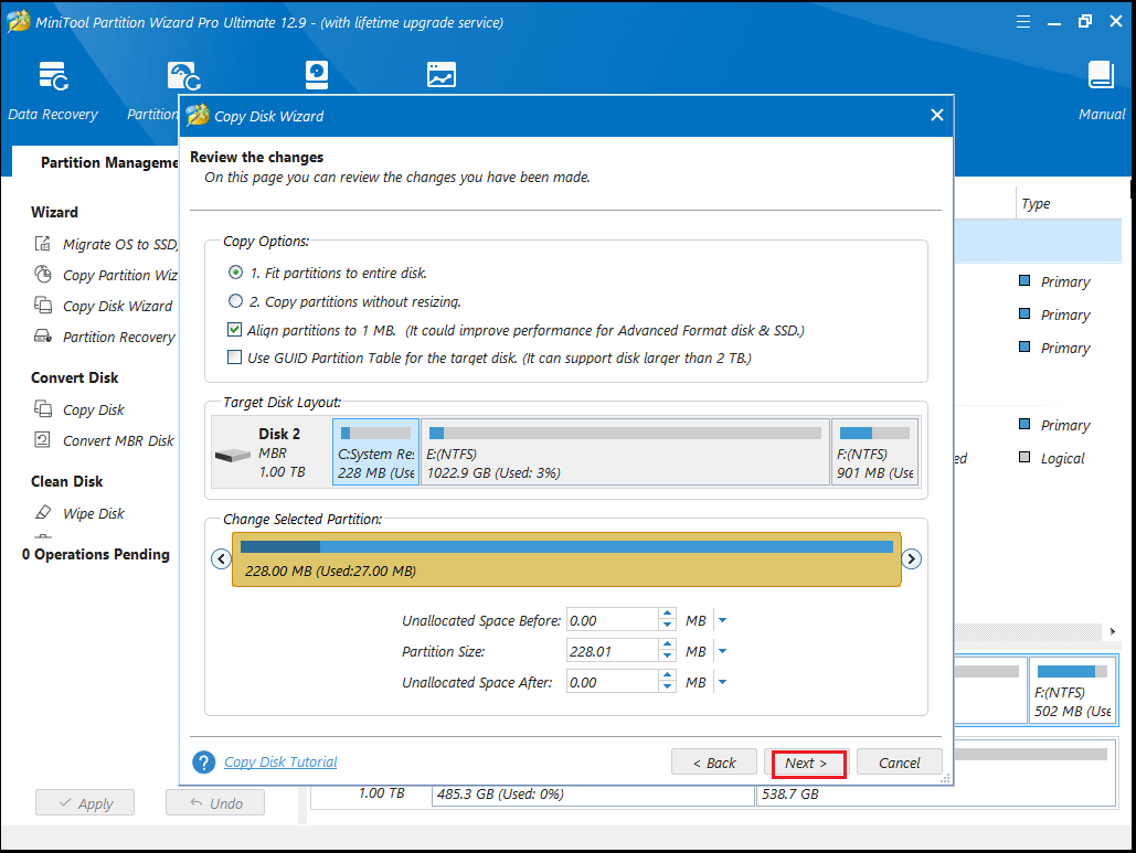 choose a copy option in MiniTool Partition Wizard