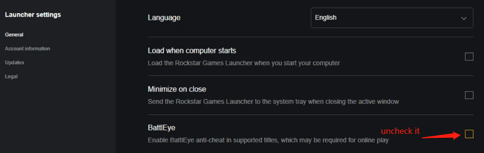 disable BattlEye on Rockstar