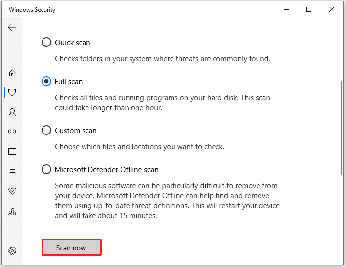 choose a scan option and click Scan now