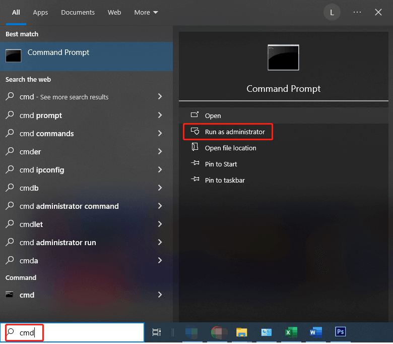run Command Prompt as administrator from the search box
