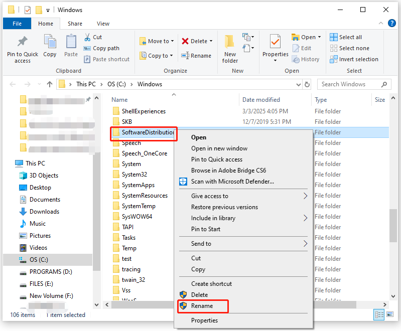 rename the SoftwareDistribution folder to SDold