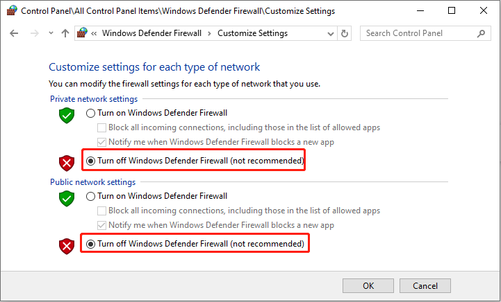 click on Turn off Windows Defender Firewall (not recommended)
