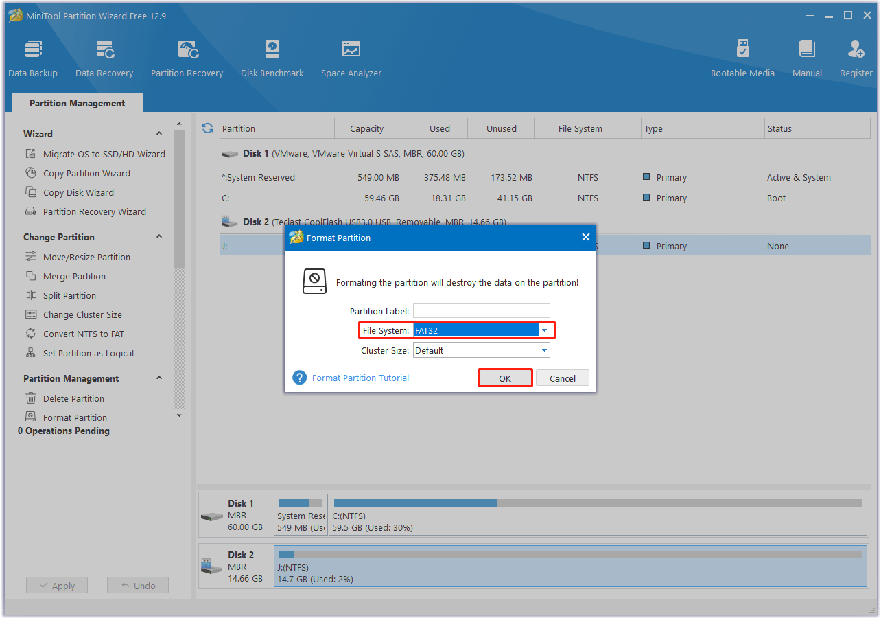 choose FAT32 file system for Garmin Dash Cam SD card in MiniTool Partition Wizard