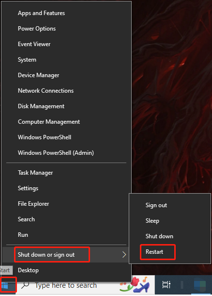 restart the computer via the Start menu