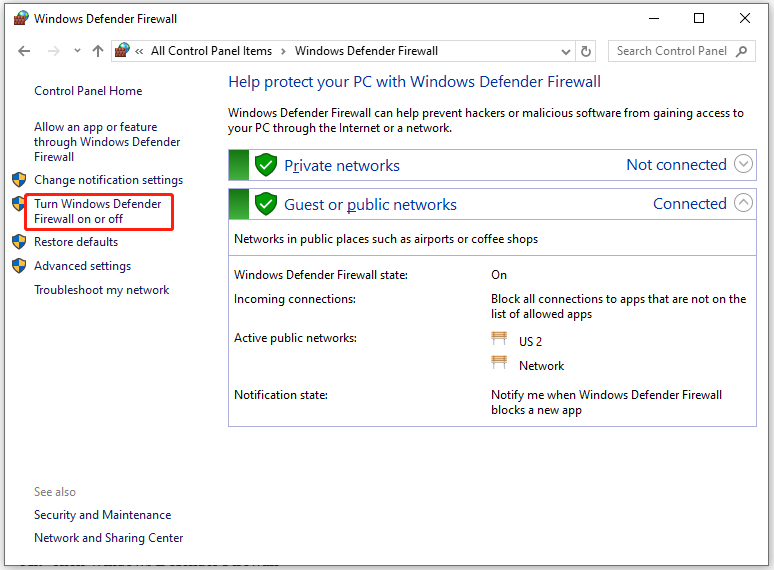 choose Turn Windows Defender Firewall on or off