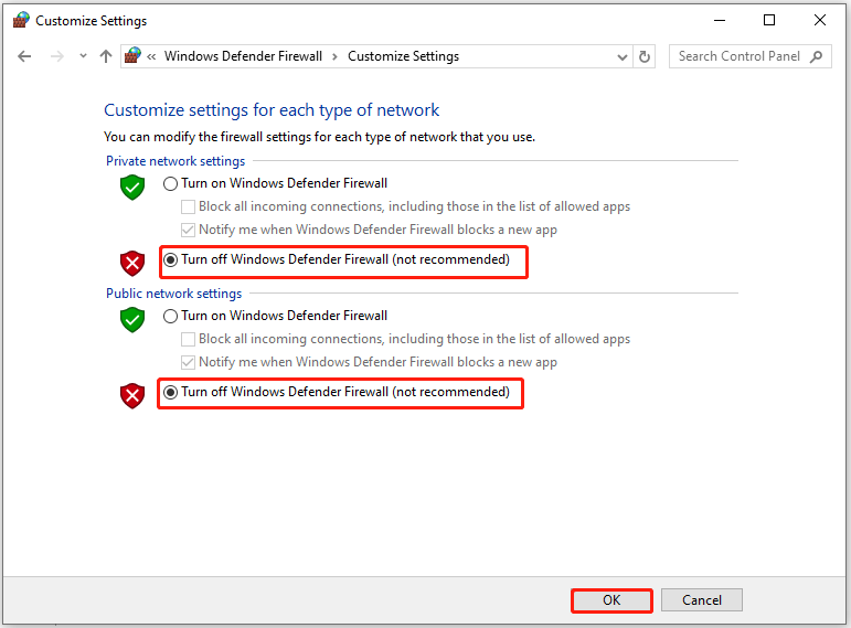 turn off Windows Defender Firewall and save changes