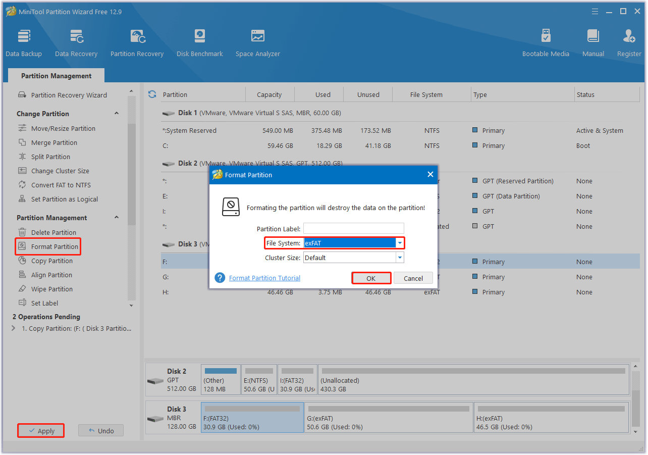 convert FAT32 to exFAT or convert exFAT to FAT32 using MiniTool Partition Wizard