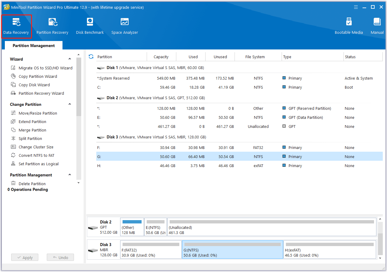 click Data Recovery in the main interface of MiniTool Partition Wizard