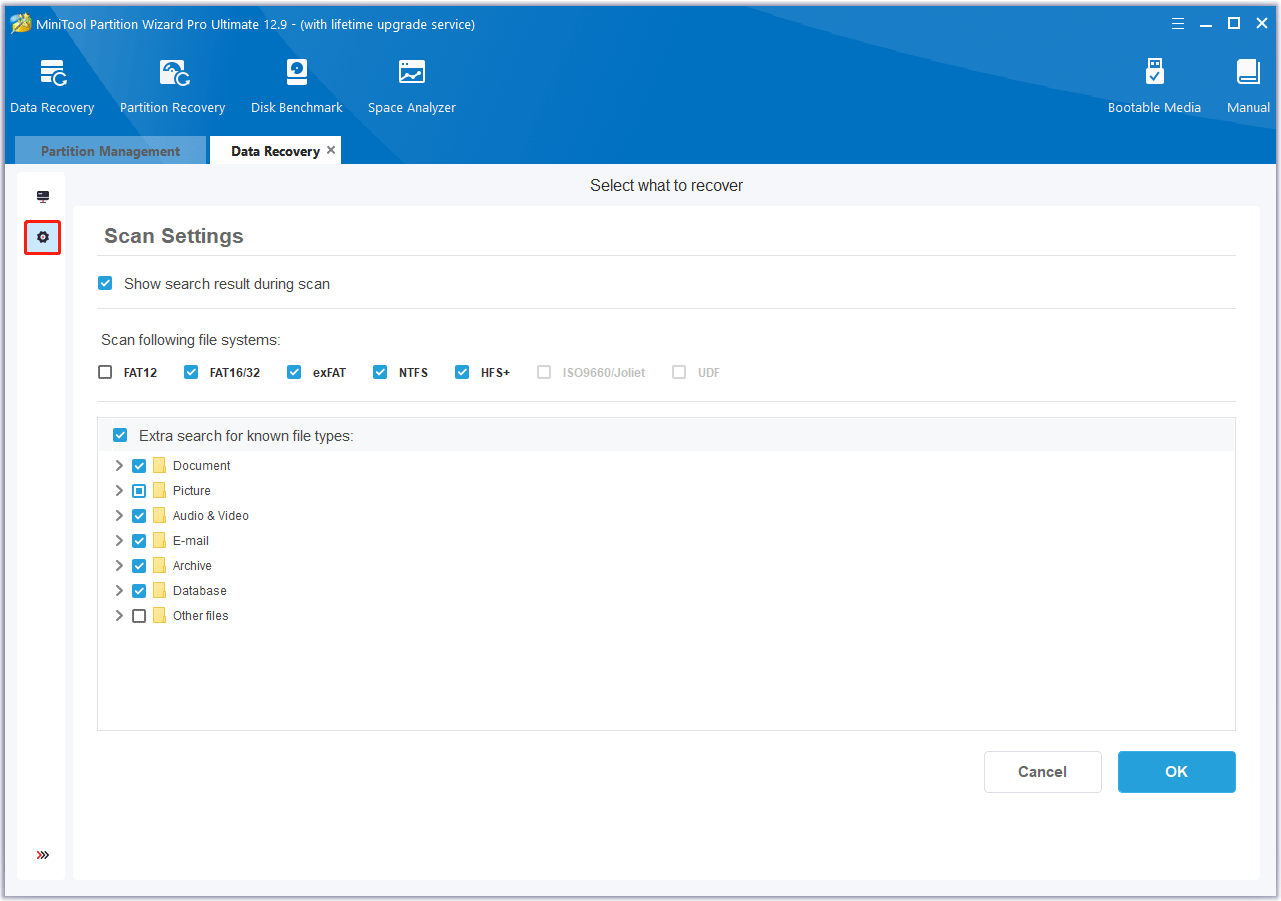 Custom the Scan Settings in MiniTool Partition Wizard