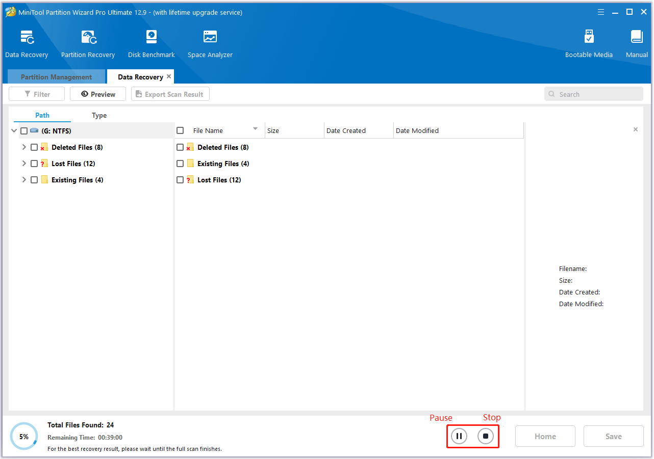 click the Pause or Stop icon to get instant data recovery in MiniTool Partition Wizard