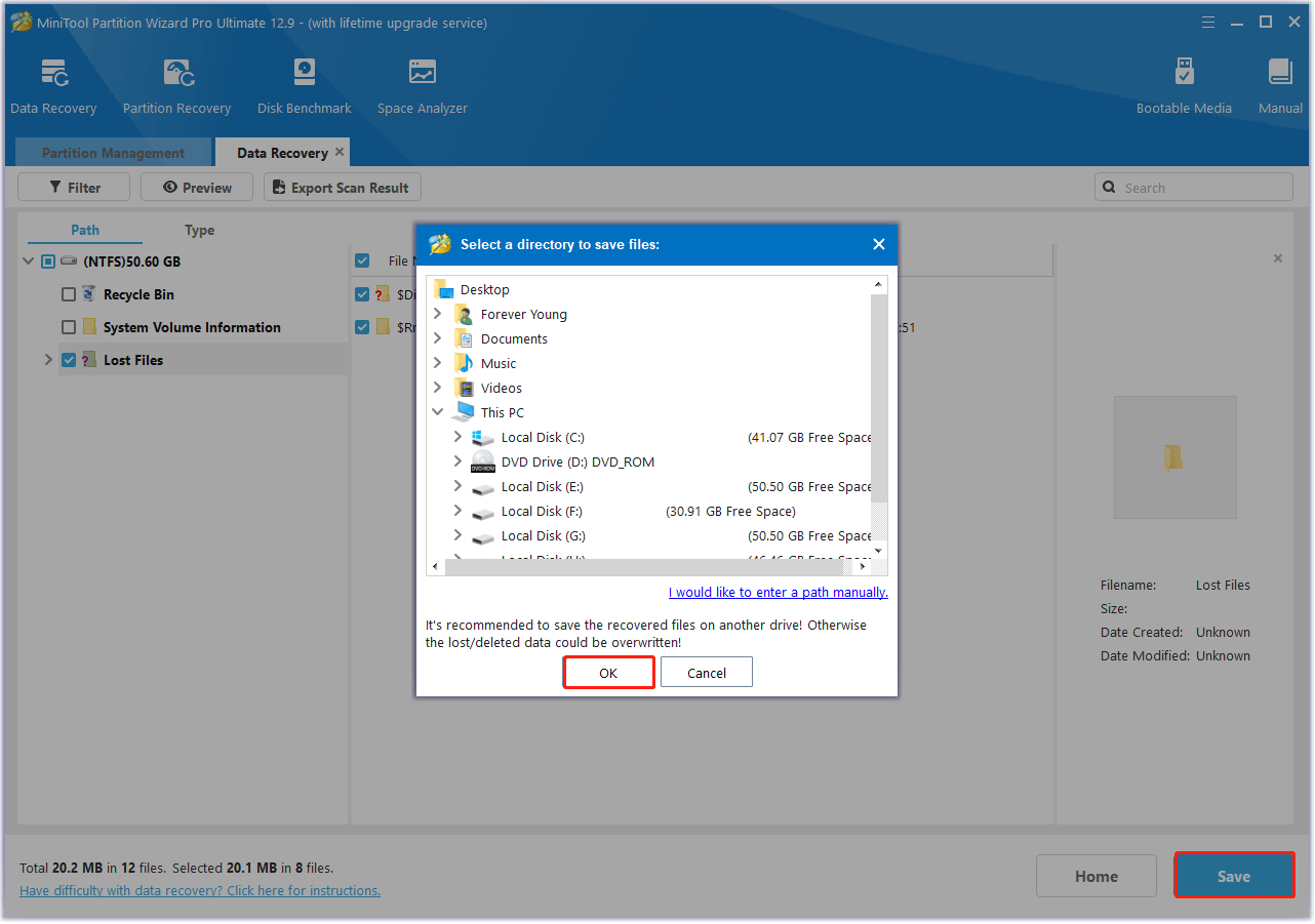 Choose a safe location to save data in MiniTool Partition Wizard