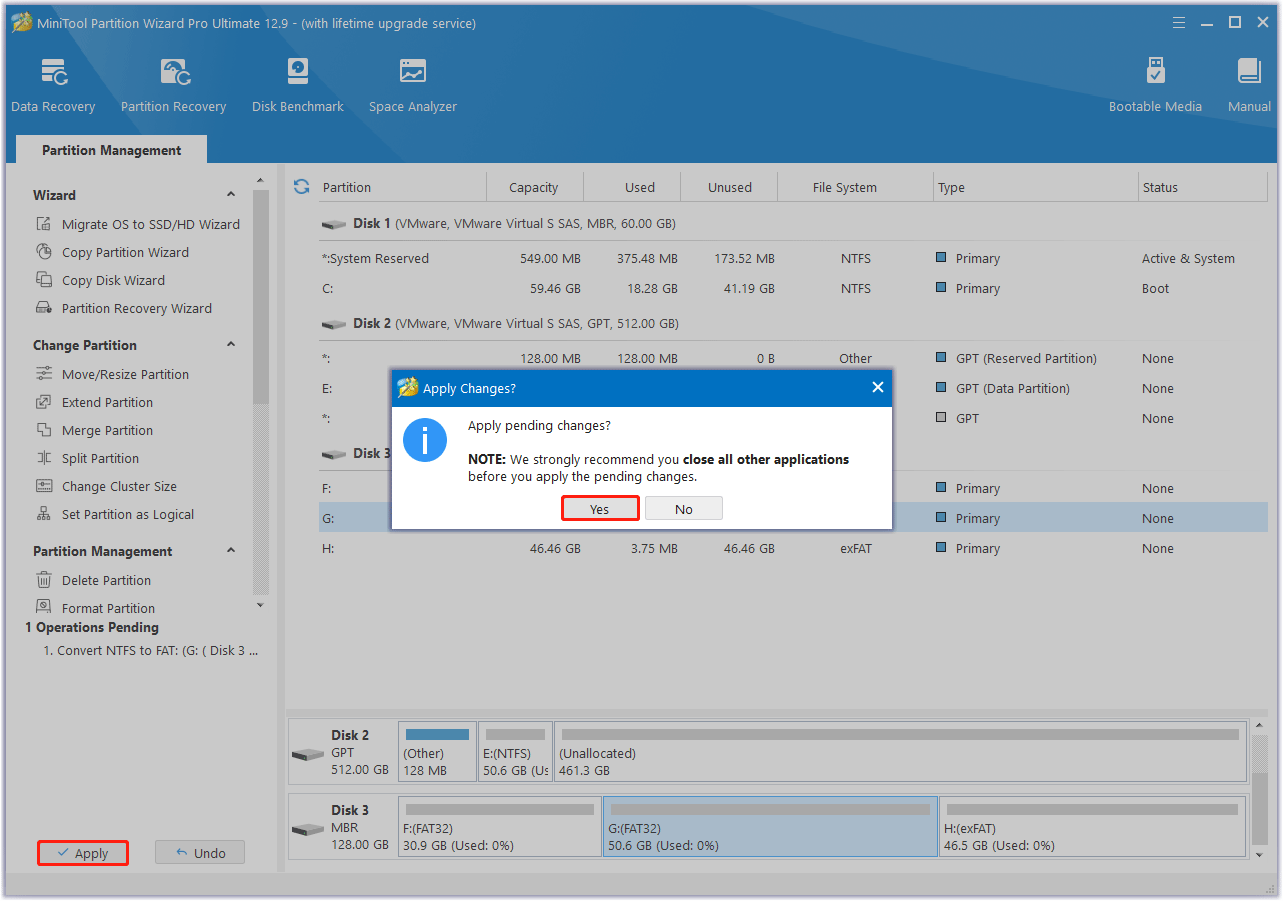 convert NTFS to FAT32 using MiniTool Partition Wizard