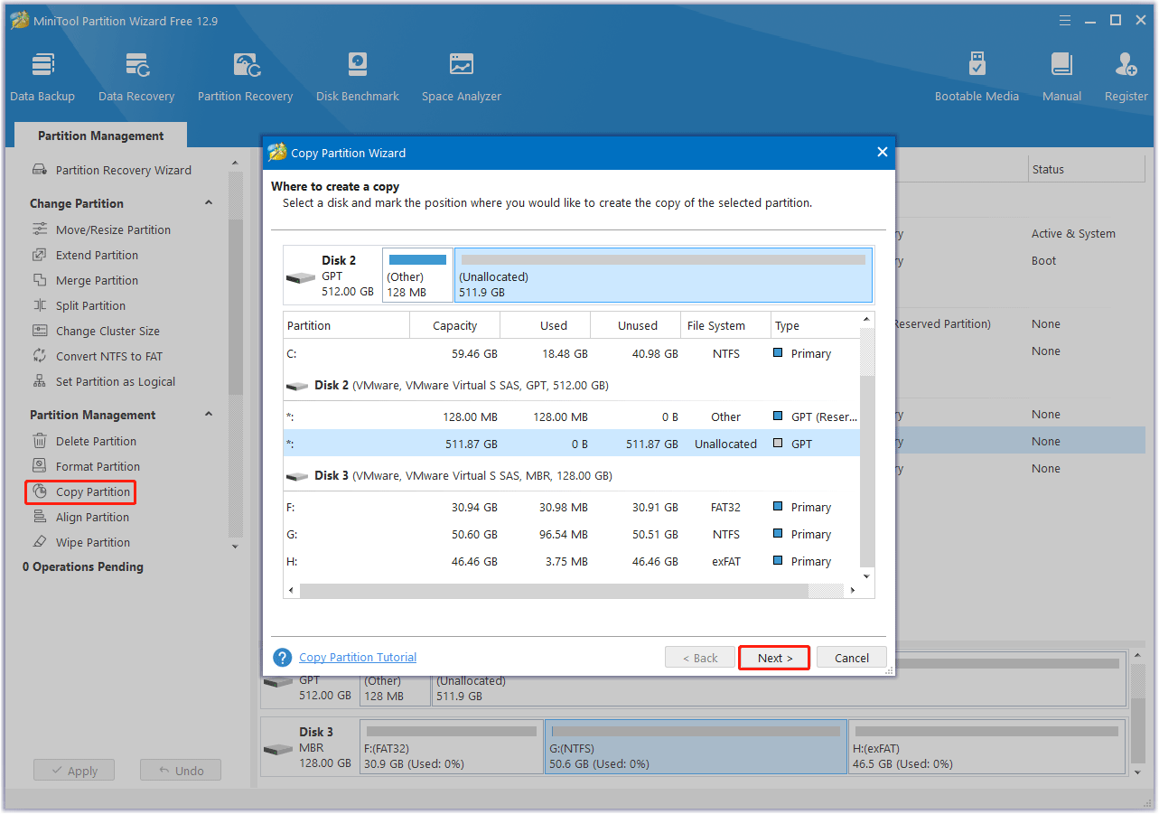copy the partition you want to format using MiniTool Partition Wizard