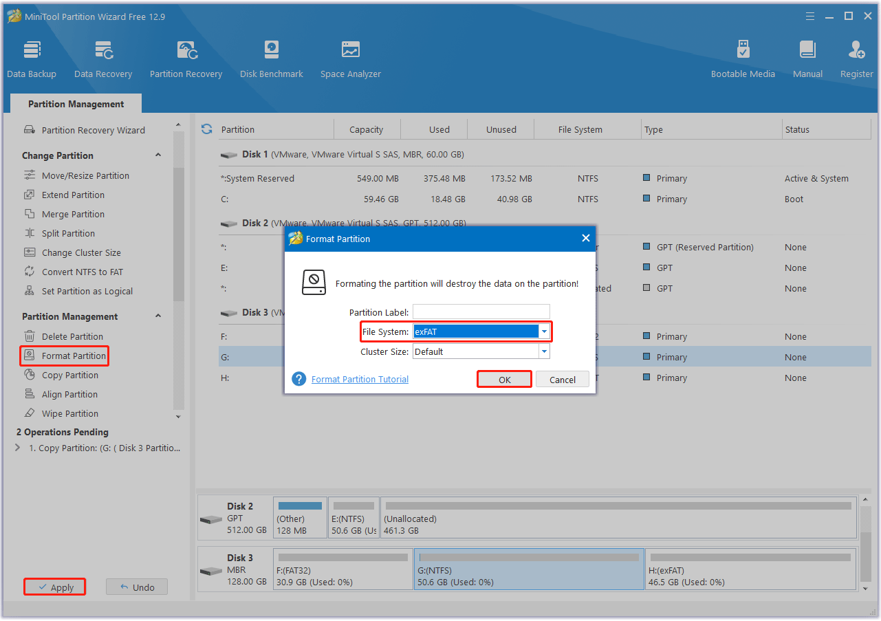 convert exFAT to NTFS or convert NTFS to exFAT using MiniTool Partition Wizard