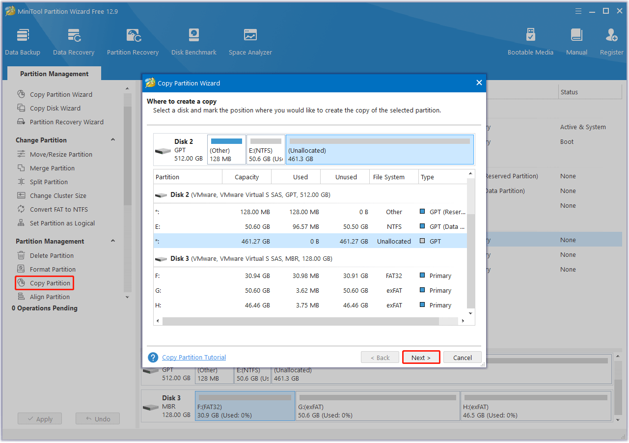 copy the partition you want to format using MiniTool Partition Wizard
