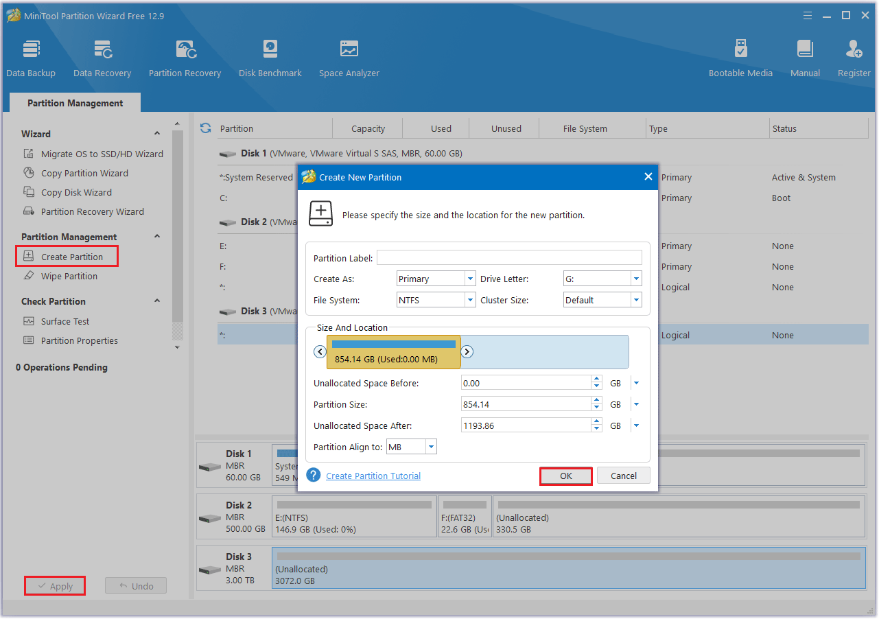 create partition in MiniTool Partition Wizard